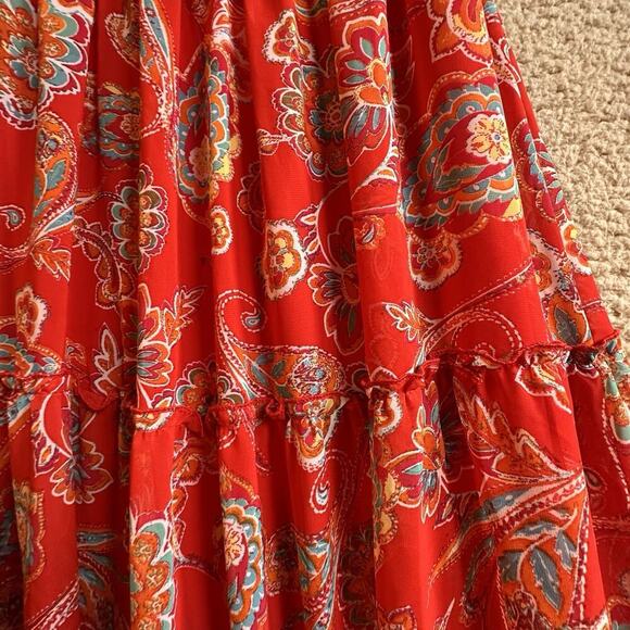 Red Paisley Floral Print Off-Shoulder Boho Chic Bohemian Tiered Maxi Dress Sz 6 - Picture 7 of 16